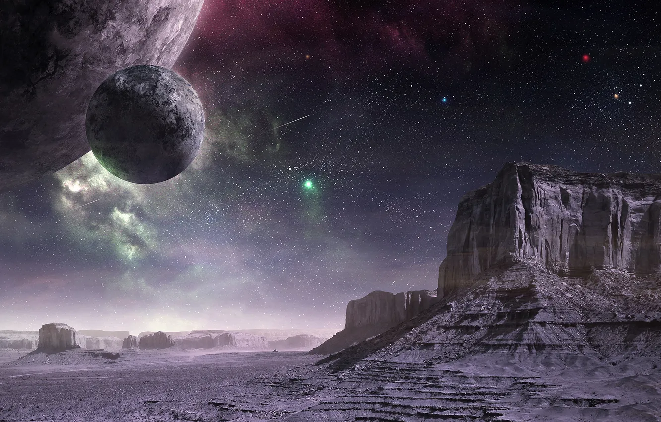 Photo wallpaper the sky, stars, surface, stones, rocks, planet, art