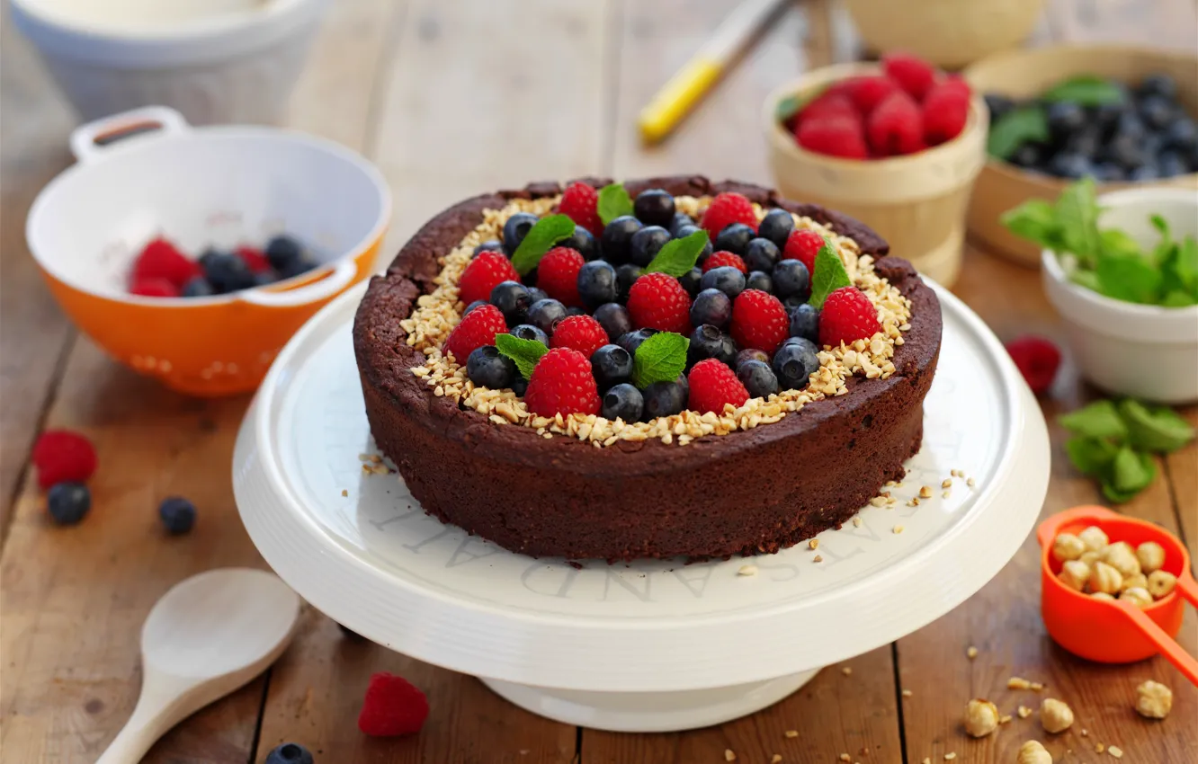 Photo wallpaper berries, raspberry, pie, cake, cake, cream, dessert, currants
