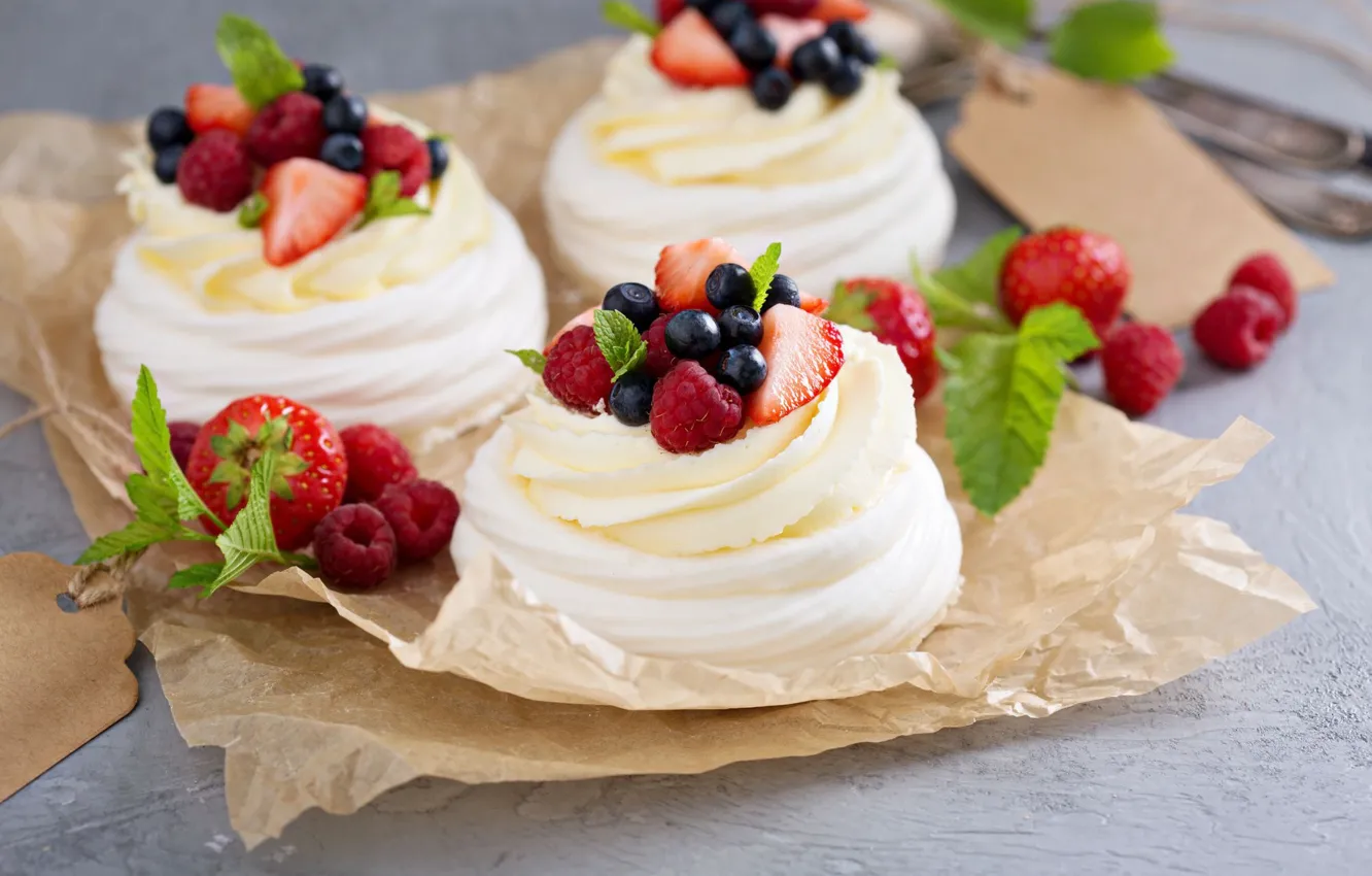 Photo wallpaper berries, cream, dessert, meringue, Pavlova