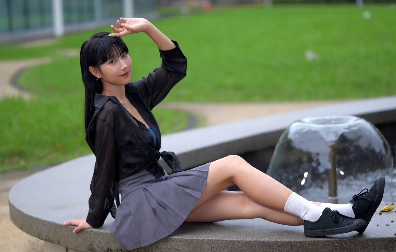 Photo wallpaper girl, skirt, blouse, legs, Asian