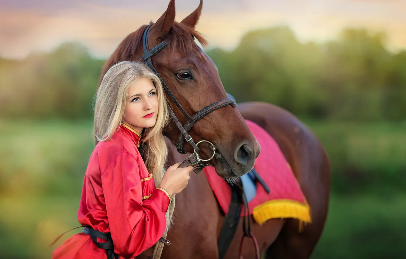 Photo wallpaper summer, girl, nature, horse, horse, blonde, costume