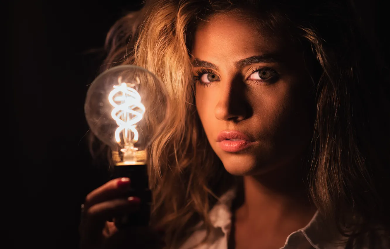 Photo wallpaper look, girl, face, light bulb