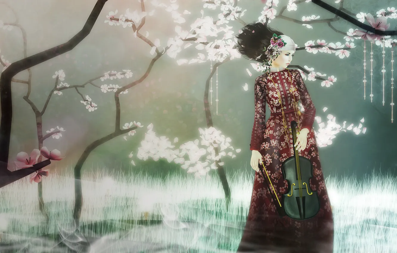 Photo wallpaper girl, violin, garden