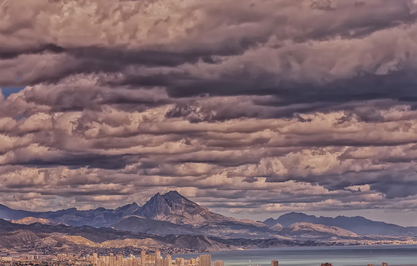 Photo wallpaper clouds, mountains, the city, Bay