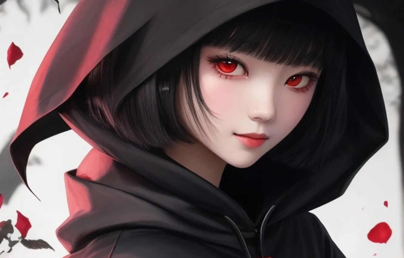 Photo wallpaper look, girl, portrait, roses, art, hood, red eyes, AI art