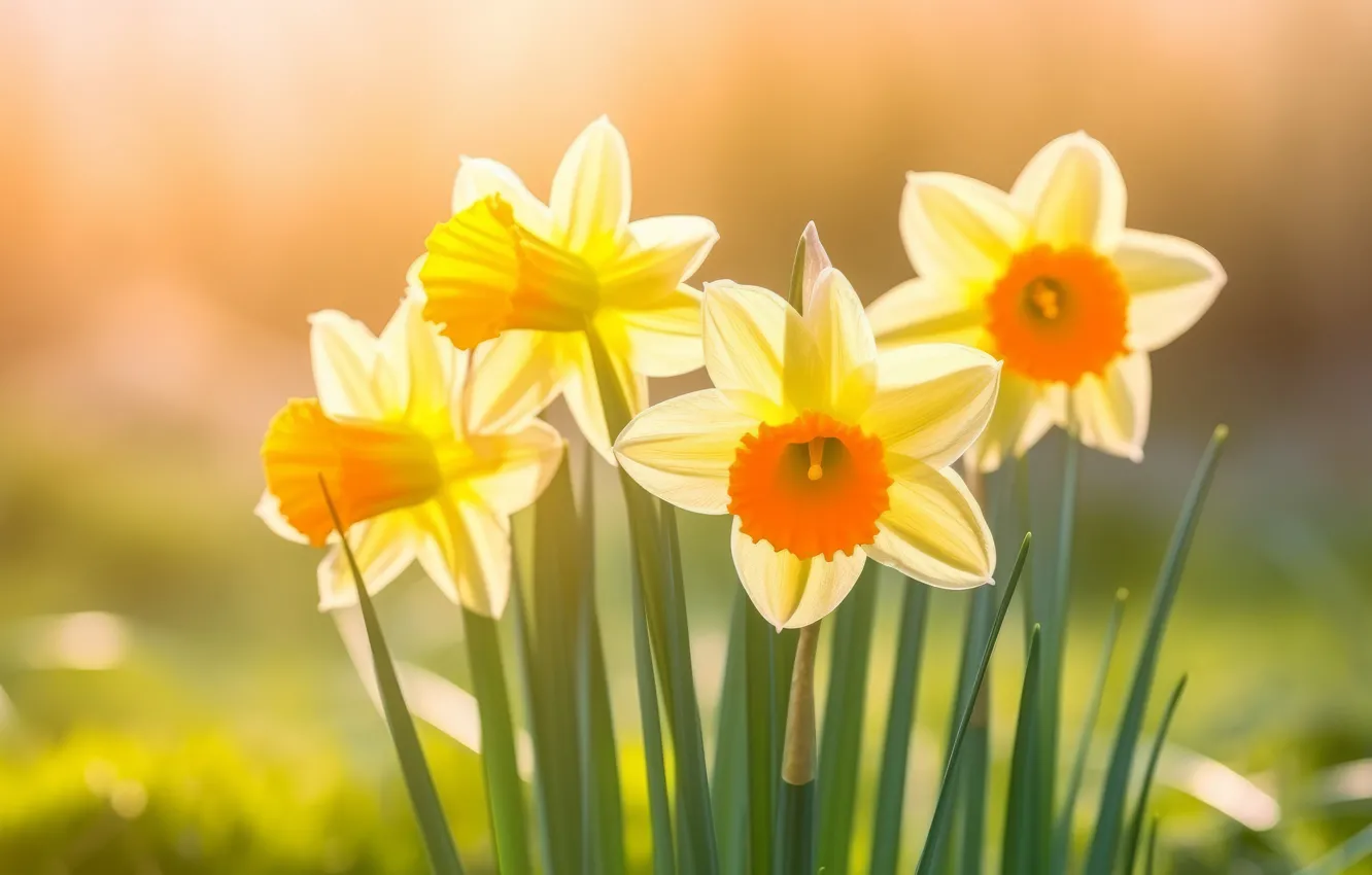 Photo wallpaper flowers, AI art, nature, spring, daffodils, neural network