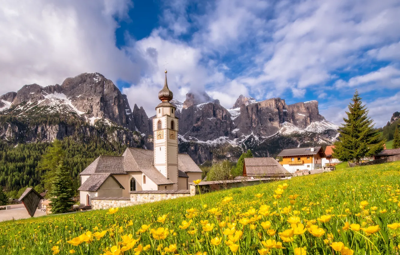 Photo wallpaper flowers, mountains, village, meadow, Italy, Church, Italy, The Dolomites