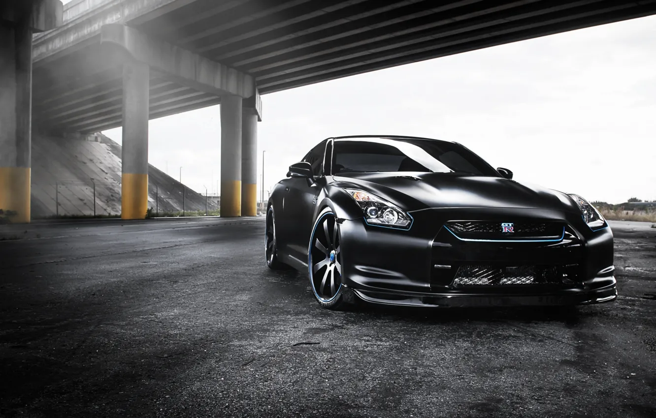 Photo wallpaper black, tuning, overpass, GTR, supercar, Nissan, Nissan, tuning