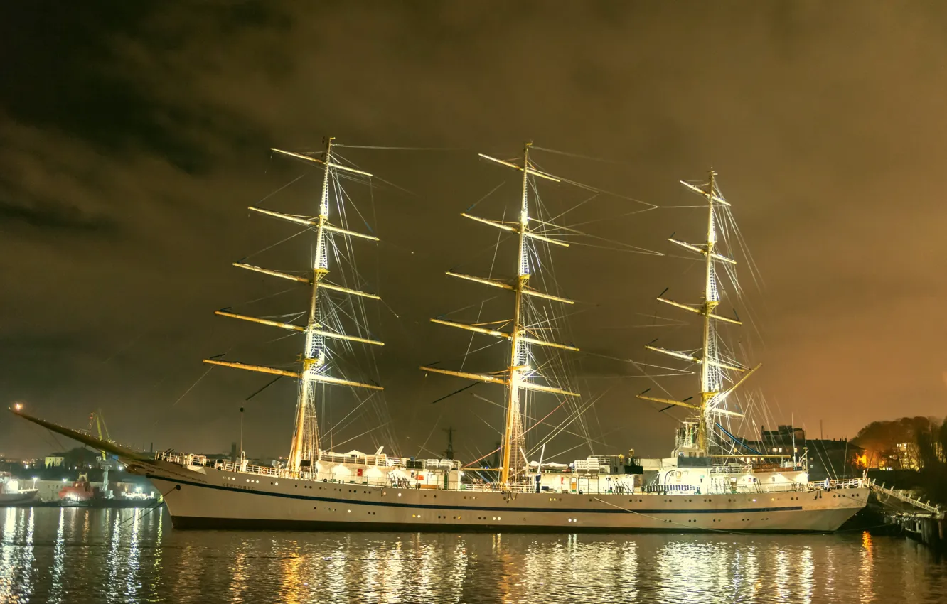 Photo wallpaper night, lights, sailboat, pier, Hersonissos