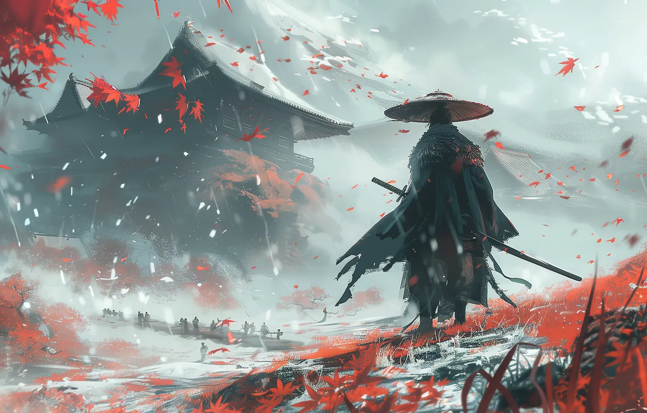 Photo wallpaper art, samurai, pagoda