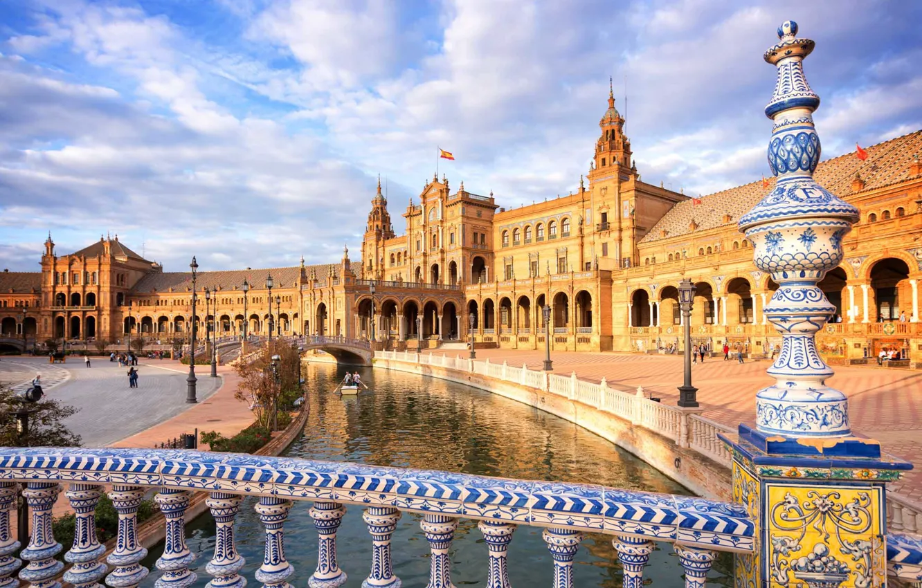 Photo wallpaper bridge, Spain, Palace, Seville, Sevilla, Plaza de Espana