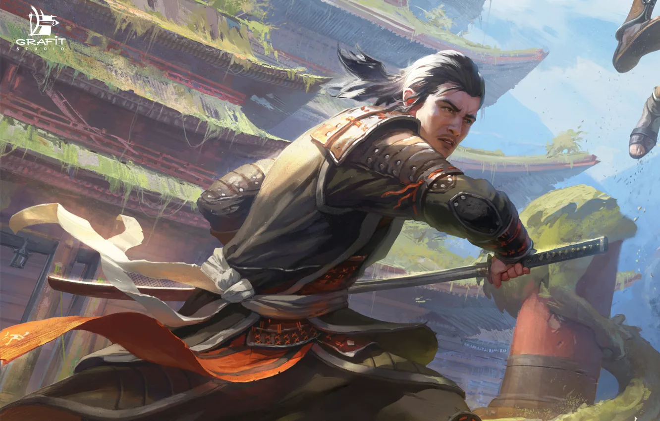 Photo wallpaper look, sword, warrior, pagoda, Shadow Fight