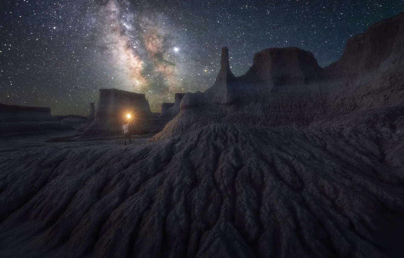 Photo wallpaper stars, light, mountains, night, rocks, desert, people, lights