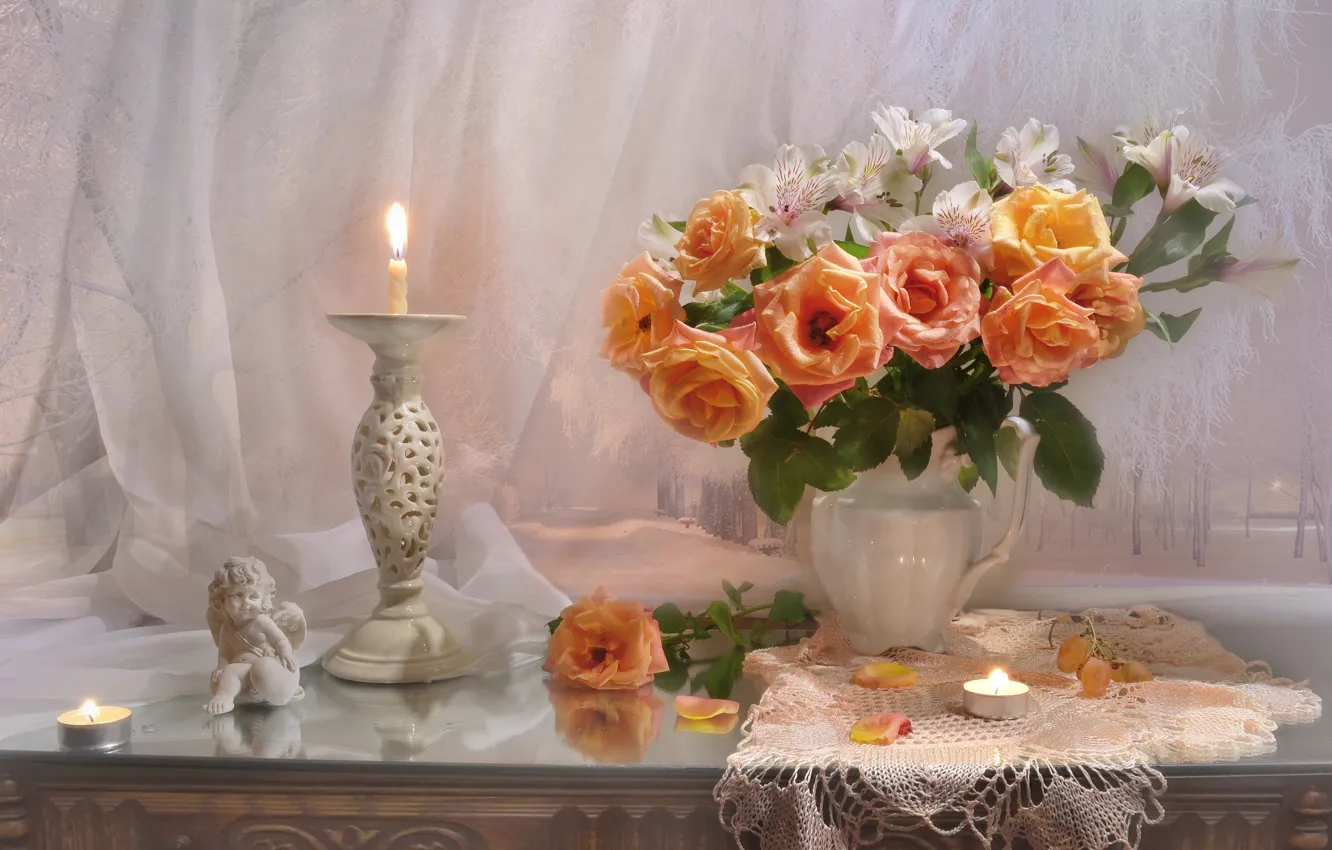 Photo wallpaper flowers, style, roses, bouquet, candles, figurine, still life, candle holder