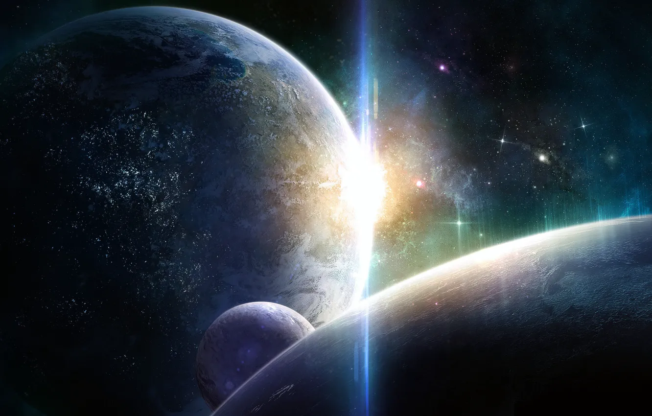 Photo wallpaper stars, light, lights, the moon, planet, civilization