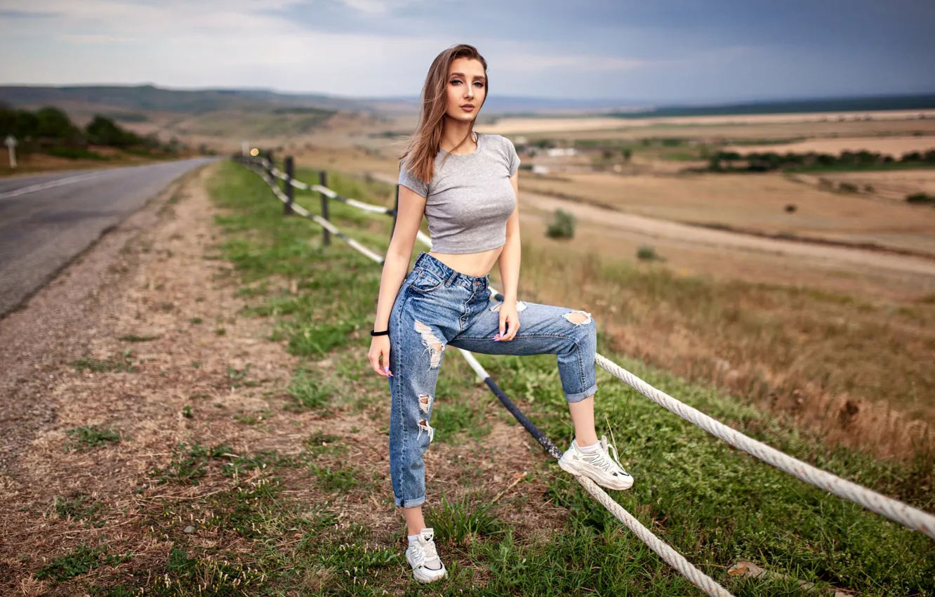Photo wallpaper road, look, landscape, nature, sexy, model, the fence, field