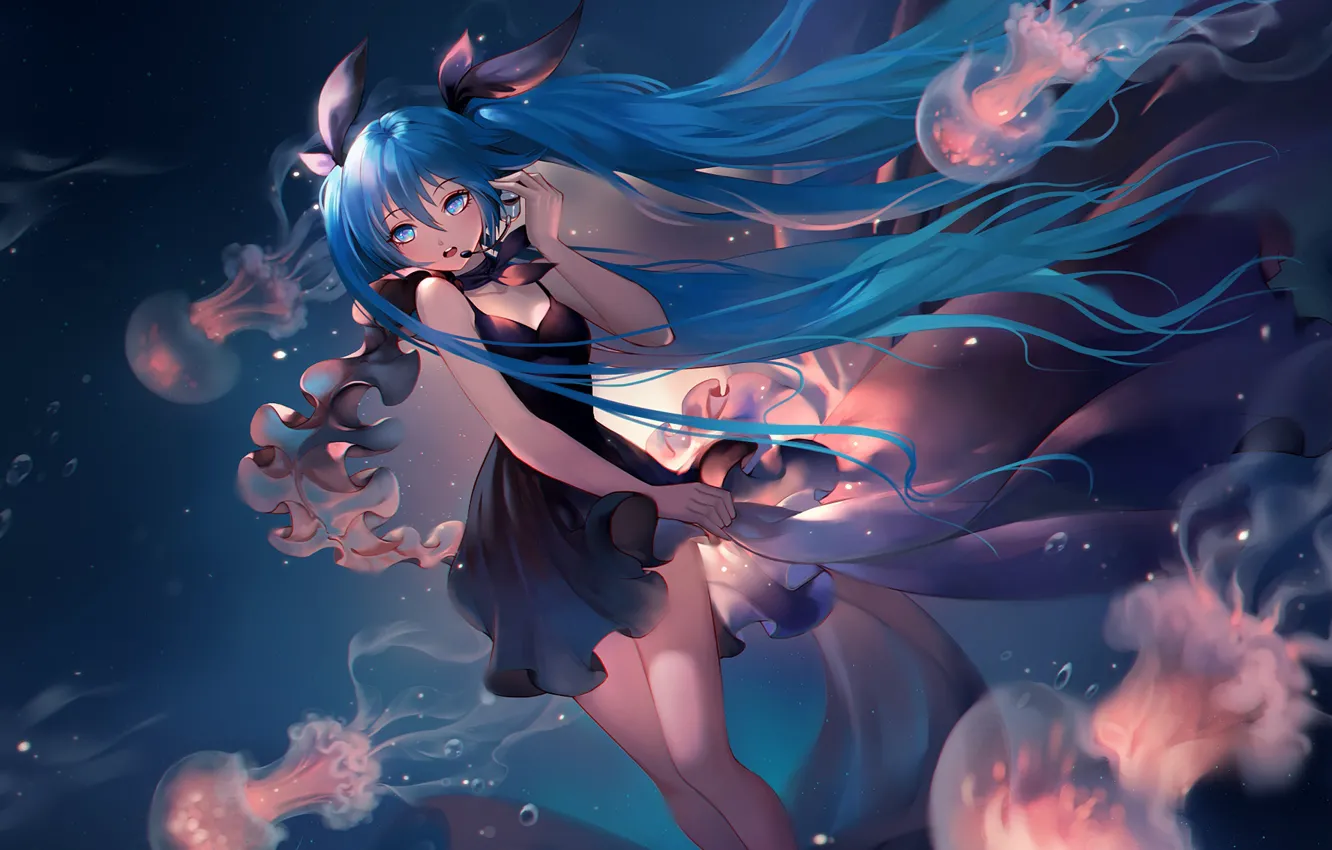 Photo wallpaper girl, dress, jellyfish, Hatsune Miku, Vocaloid, under water, anime, art