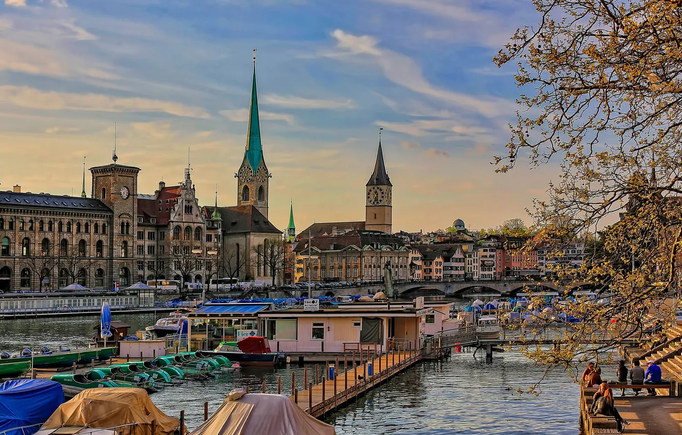 Photo wallpaper trees, bridge, tower, home, boats, Switzerland, Zurich
