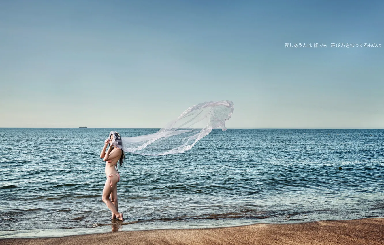 Photo wallpaper sea, girl, bikini, Asian