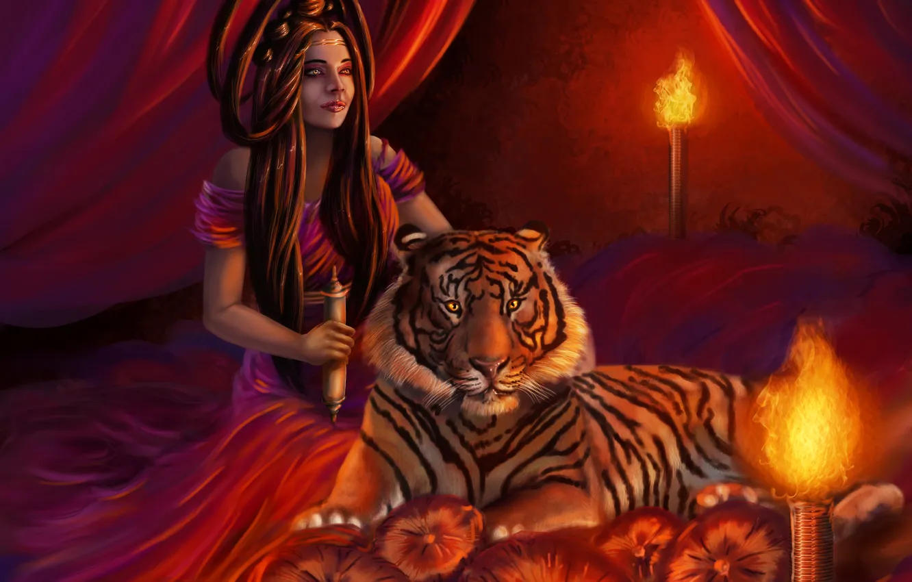 Photo wallpaper look, girl, light, face, tiger, room, fire, hair