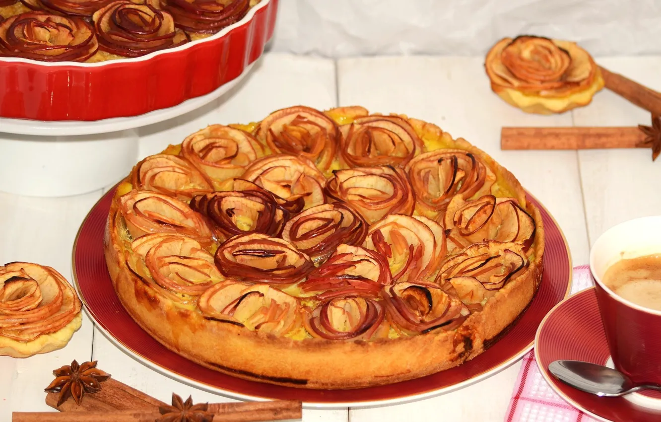 Photo wallpaper apples, coffee, cinnamon, dessert, Anis, Apple pie