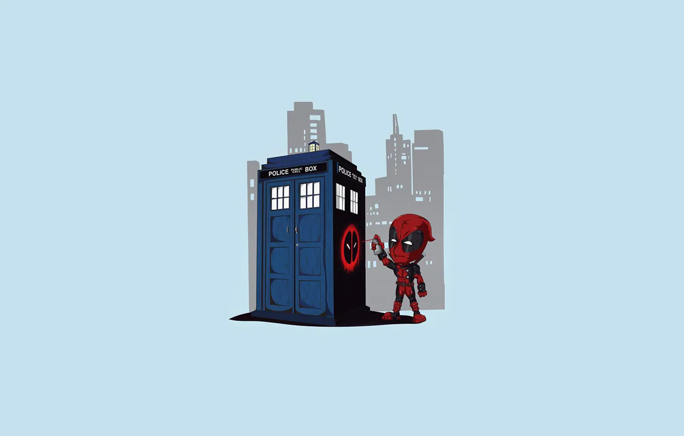 Photo wallpaper graffiti, skyscrapers, art, booth, Doctor Who, Deadpool, Deadpool, spray