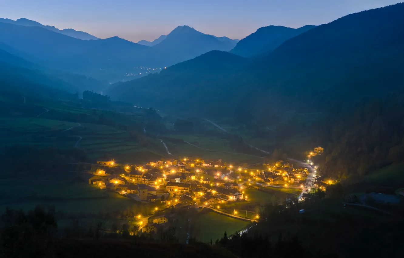 Photo wallpaper mountains, lights, morning, valley, the village