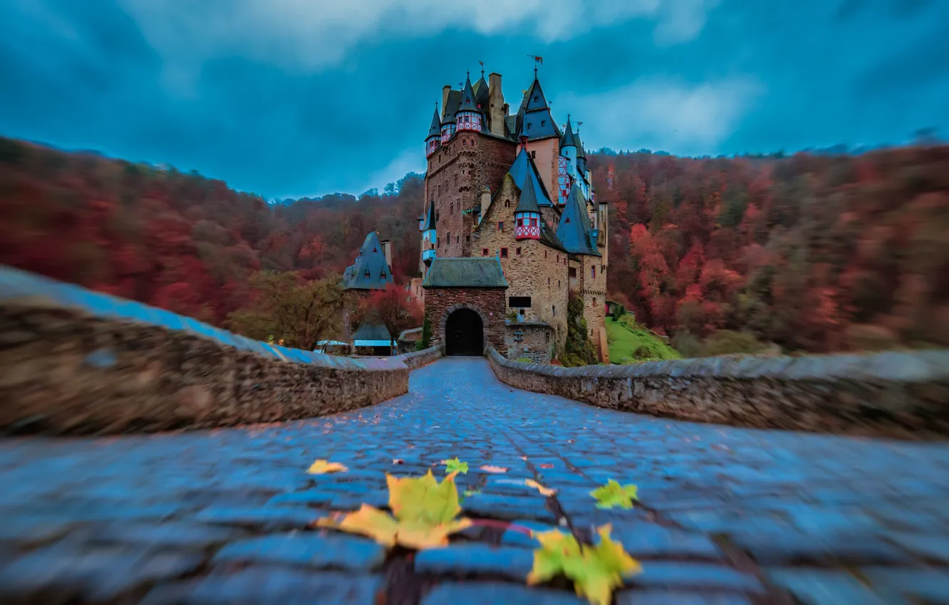 Photo wallpaper autumn, forest, leaves, bridge, castle, Germany, blur, bridge