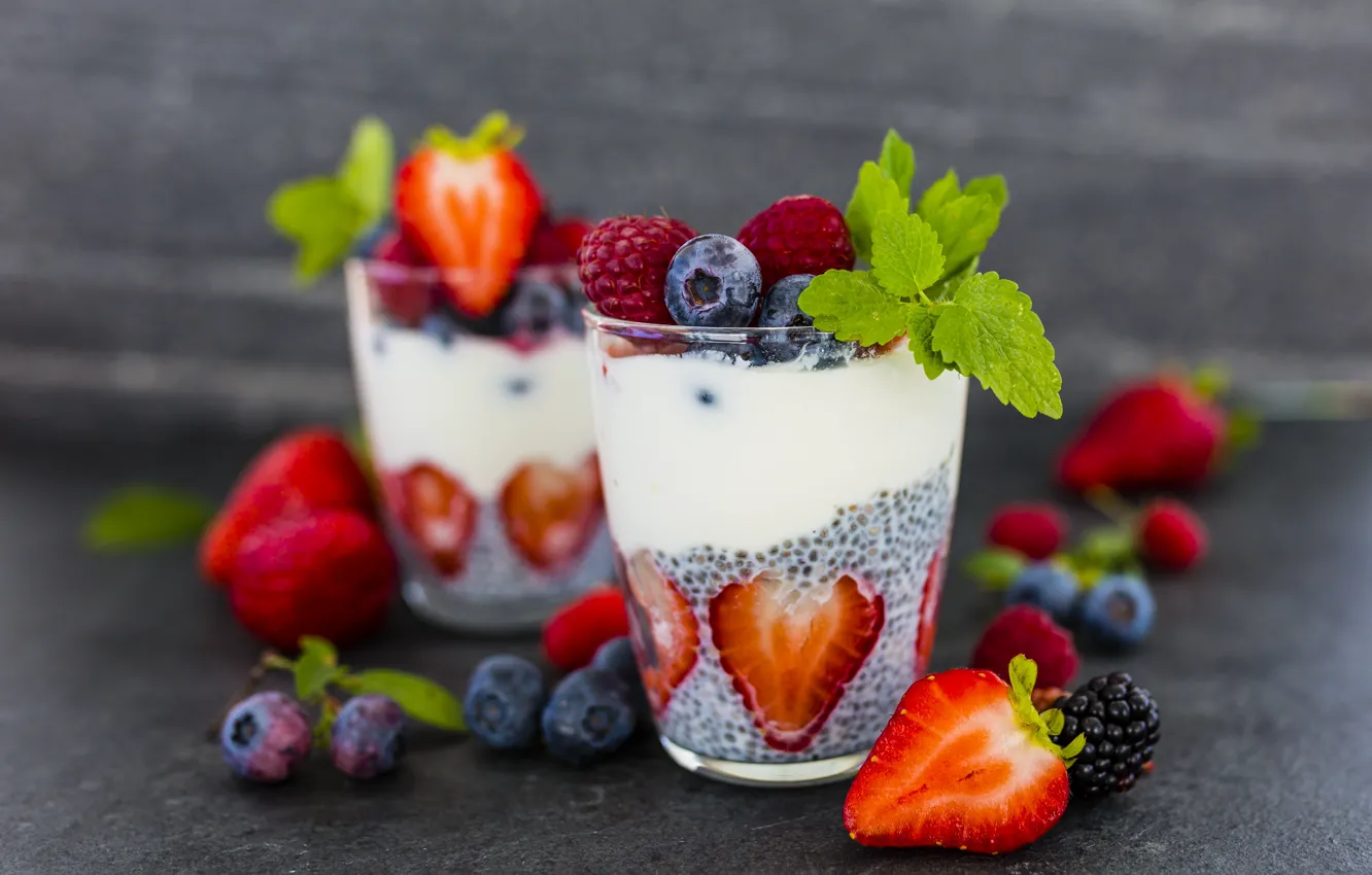 Photo wallpaper berries, blueberries, strawberry, dessert, yogurt, fresh berries