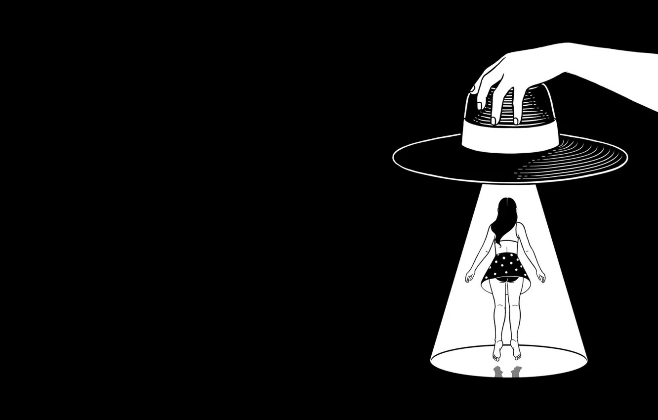 Photo wallpaper girl, minimalism, humor, hat, art, wallpaper, white, black