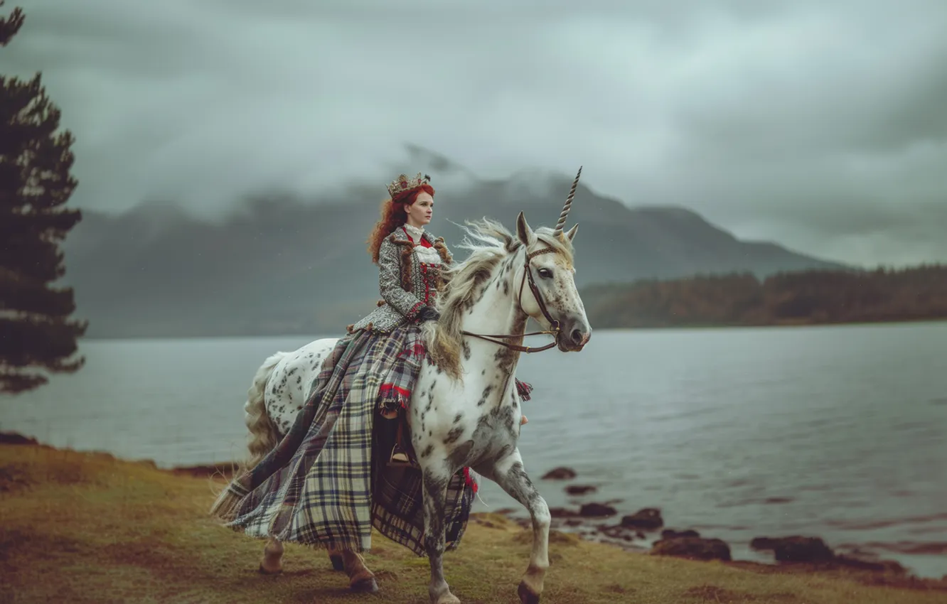 Photo wallpaper white, girl, mountains, nature, fog, river, horse, shore