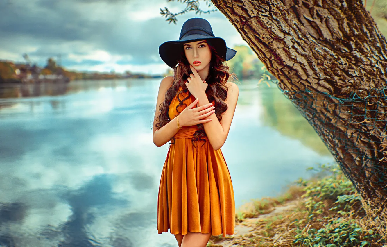 Photo wallpaper look, trees, nature, pose, river, model, portrait, hat