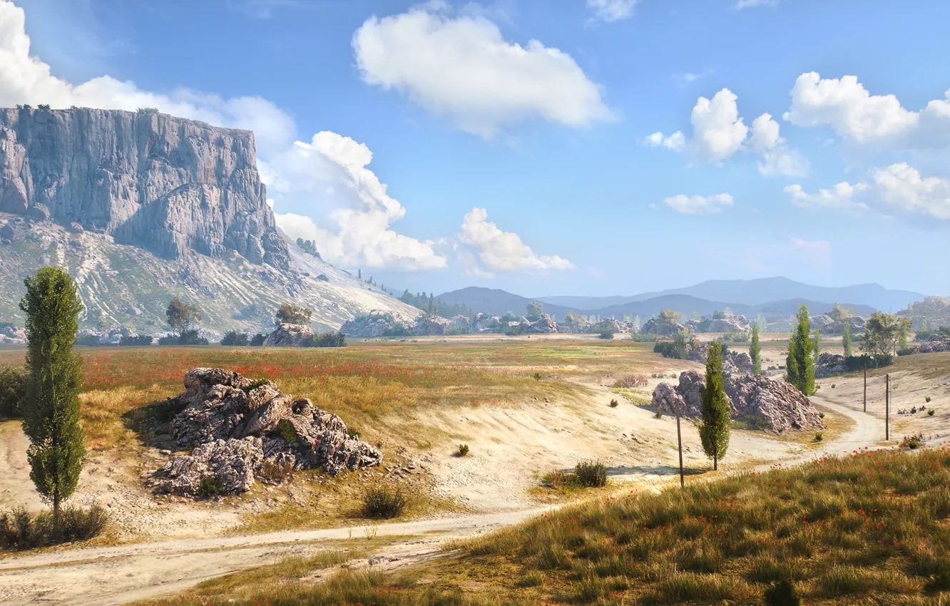 Photo wallpaper Road, Mountains, Trees, Map, Game, World of Tanks, Wargaming.net, Persha Studia