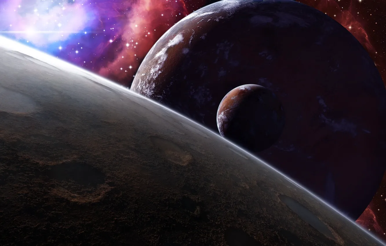 Photo wallpaper space, stars, surface, the moon, planet, satellite