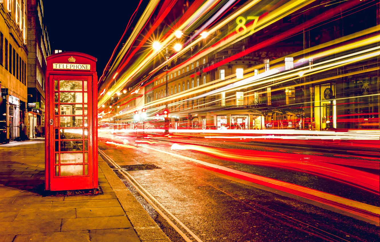Photo wallpaper night, lights, street, England, London, excerpt, phone, phone booth