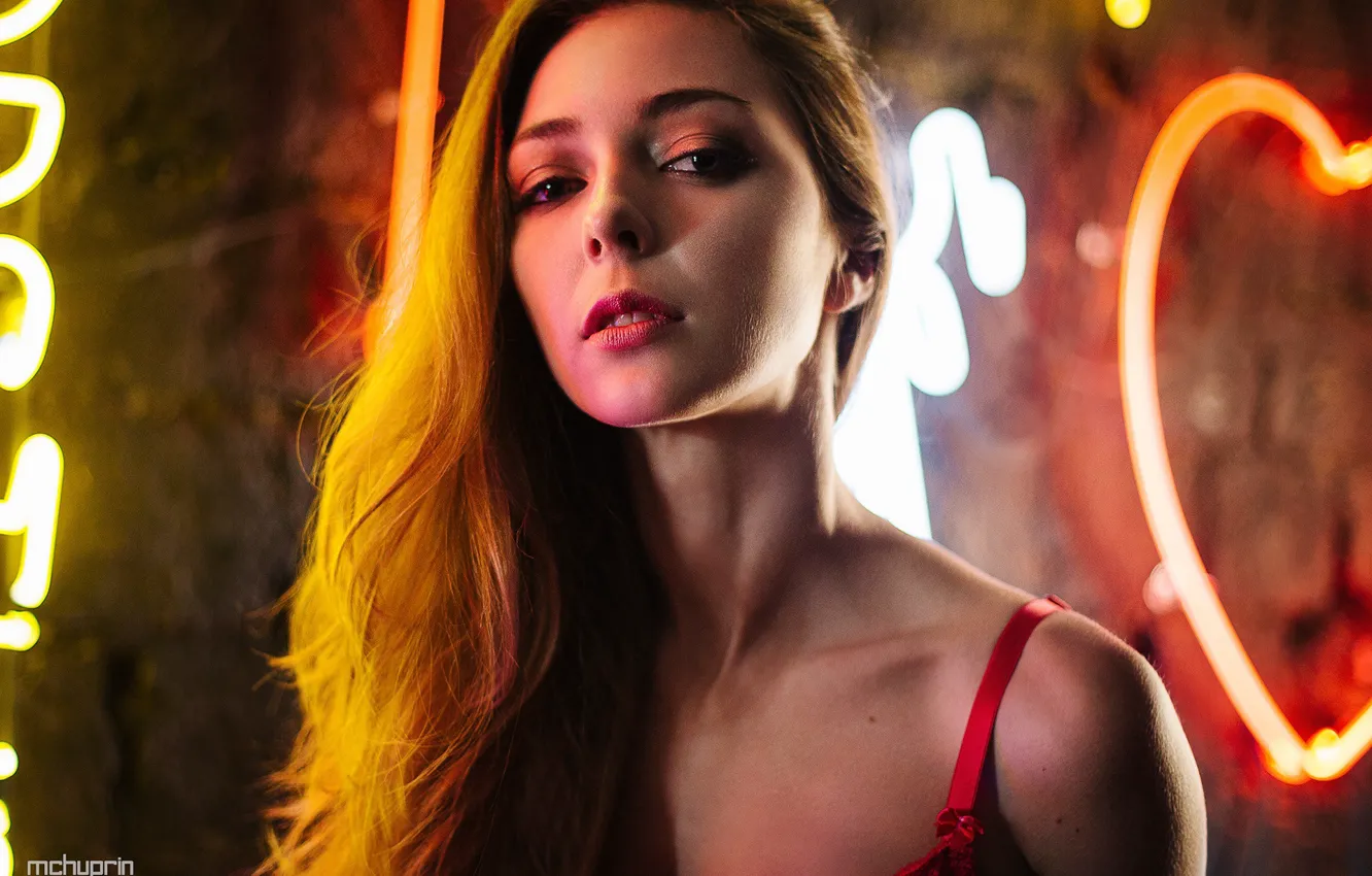 Photo wallpaper look, lights, background, model, portrait, neon, makeup, hairstyle