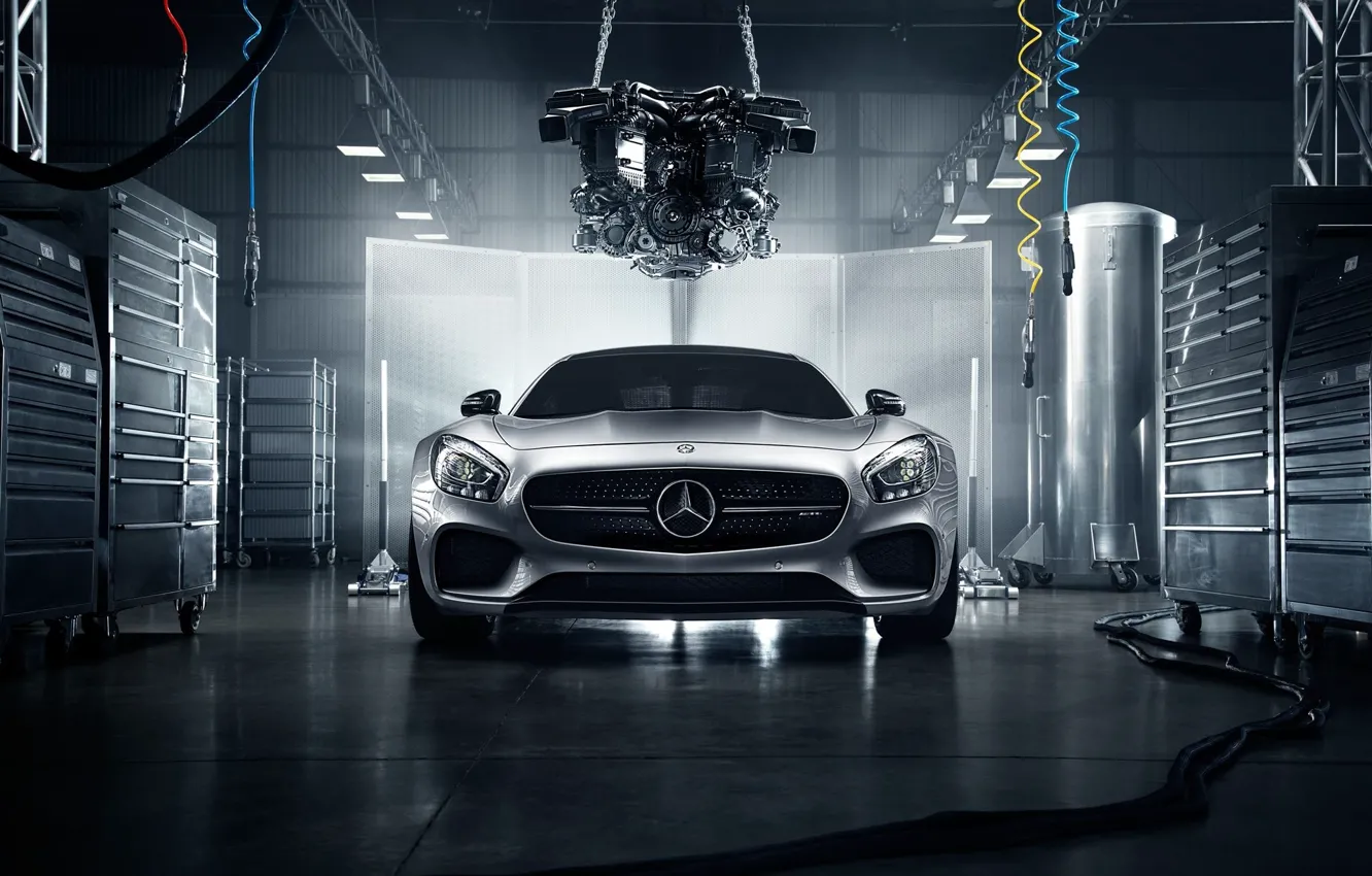 Photo wallpaper Mercedes-Benz, Front, AMG, Color, Silver, Engine, Workshop, 2016