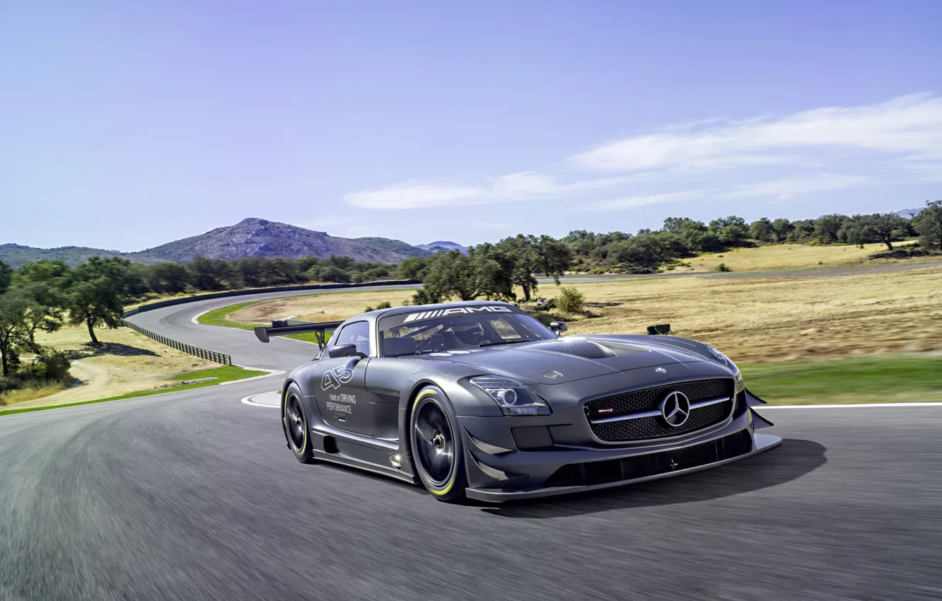 Photo wallpaper Mercedes-Benz, Sky, AMG, SLS, GT3, Tuning, Road, Motion