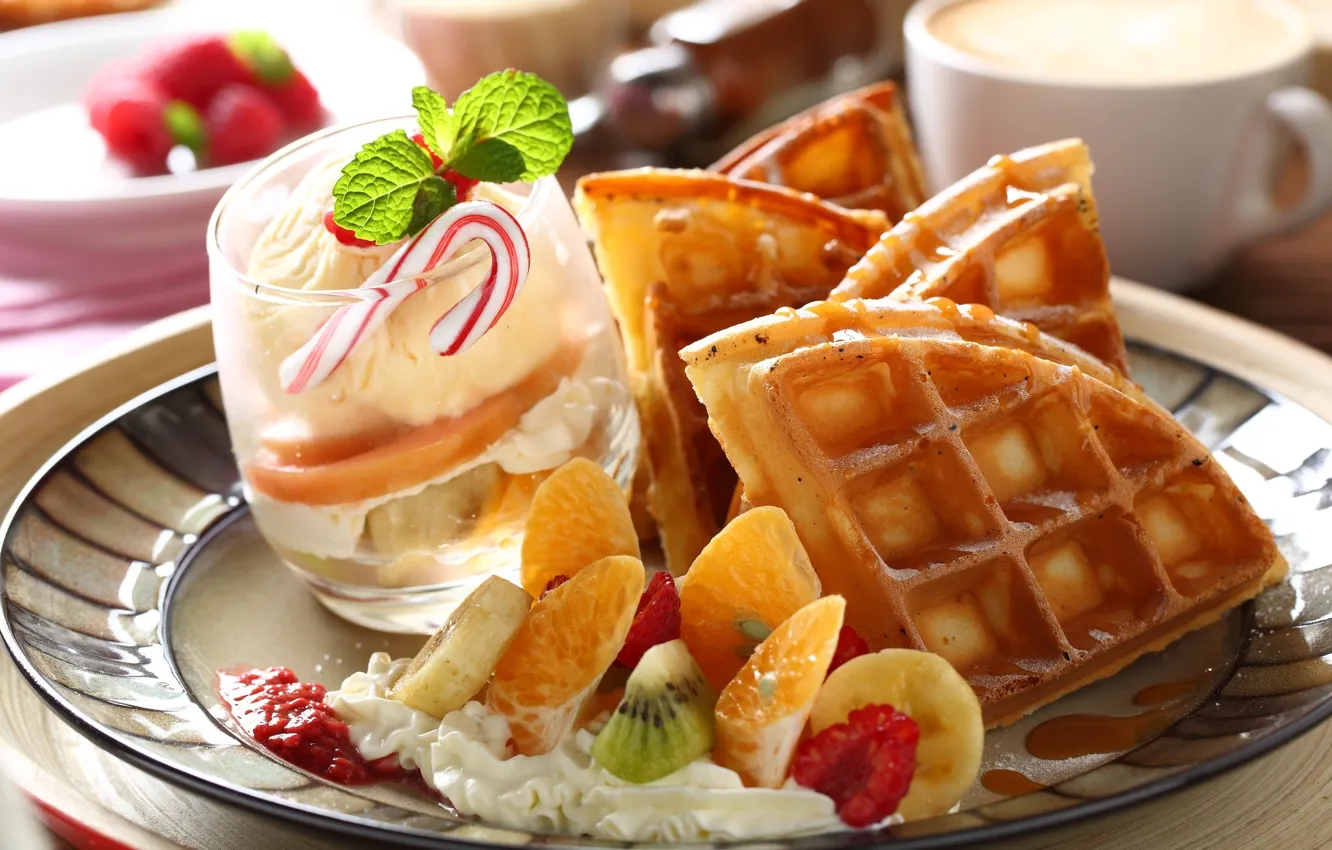 Photo wallpaper ice cream, fruit, dessert, waffles