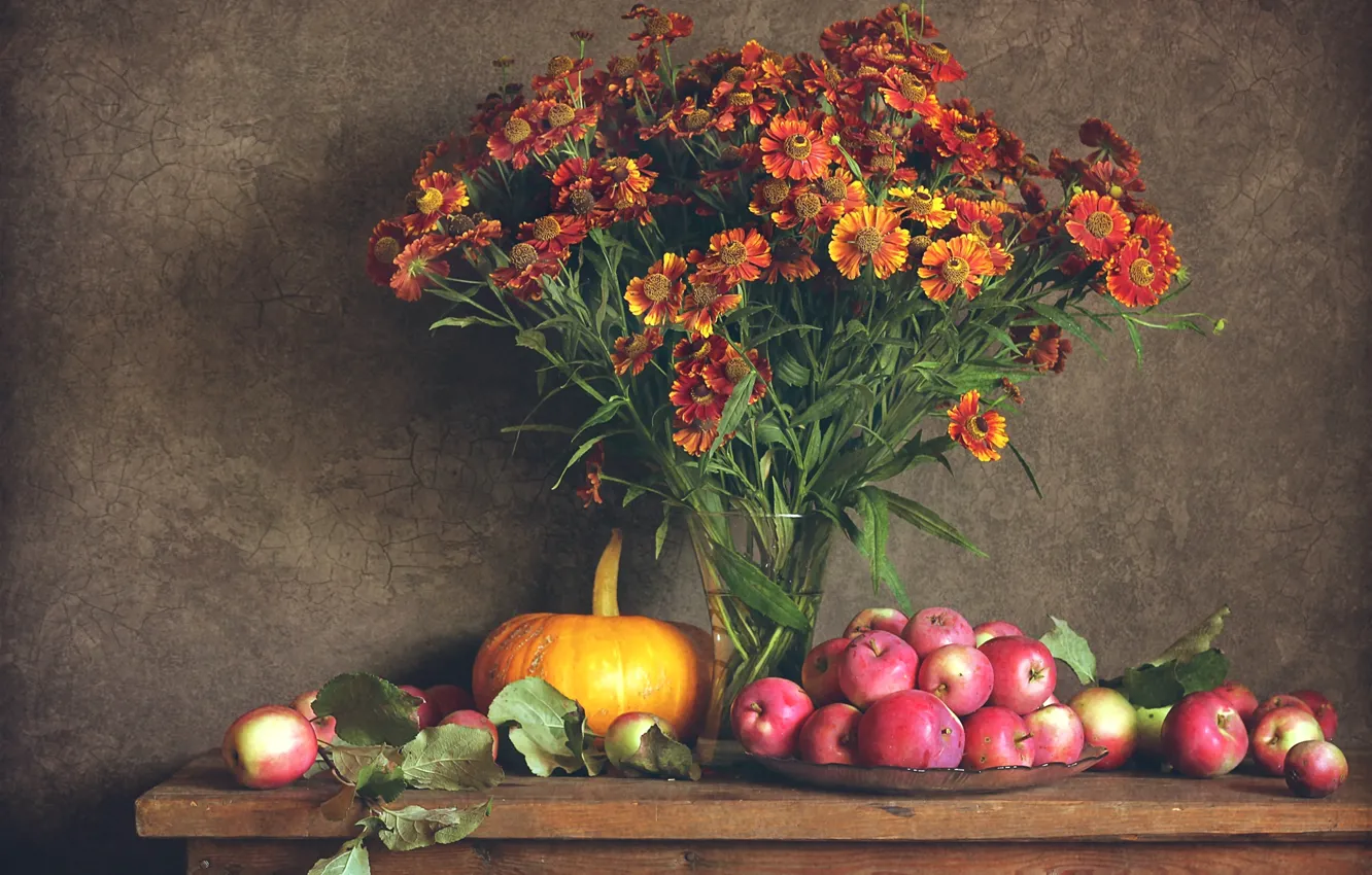 Photo wallpaper autumn, flowers, apples, pumpkin, still life