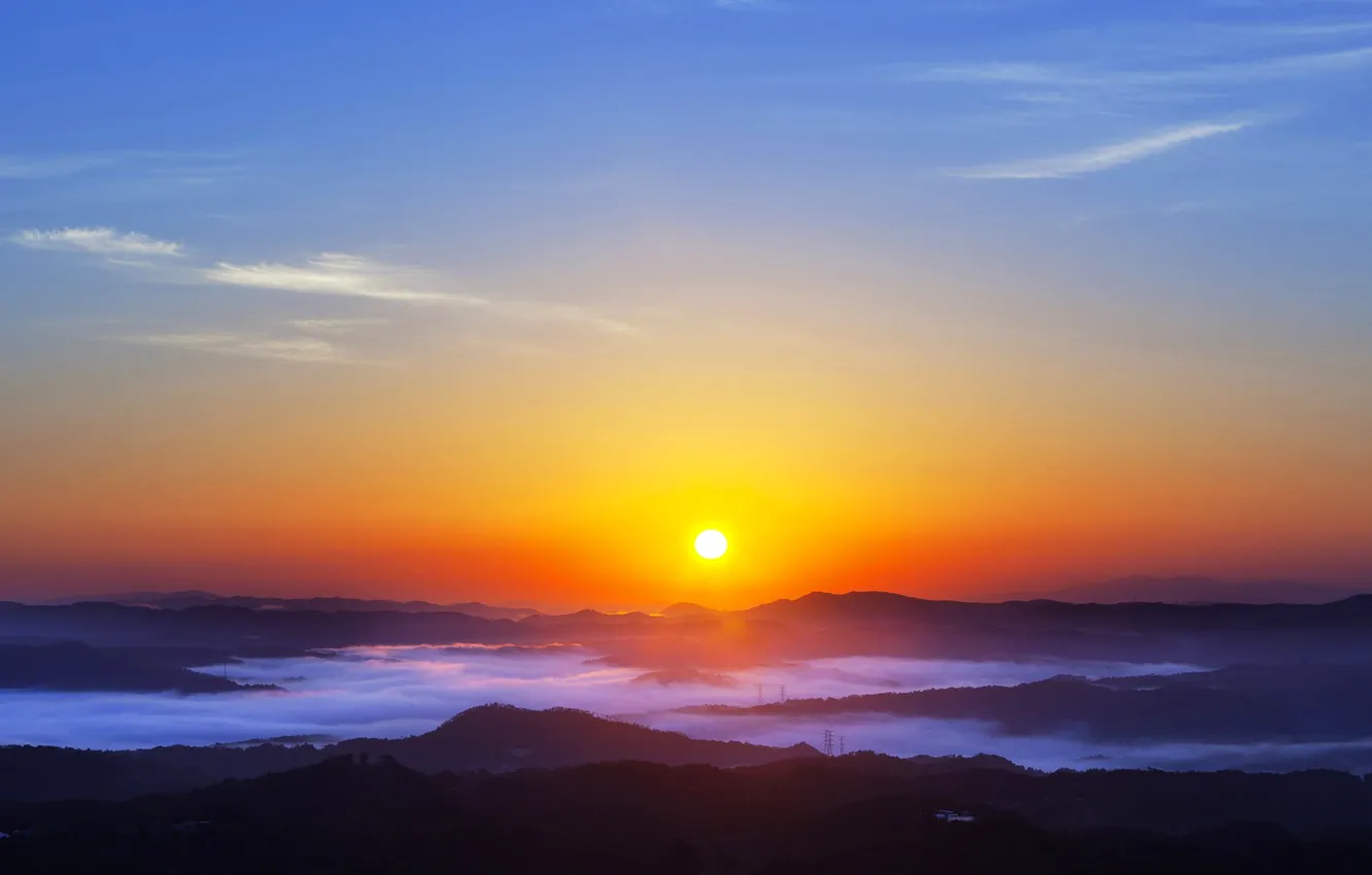 Photo wallpaper the sky, the sun, clouds, sunset, mountains