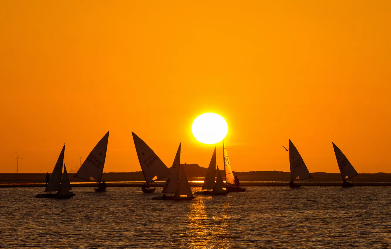 Photo wallpaper the sky, the sun, sunset, lake, boat, yacht, sail