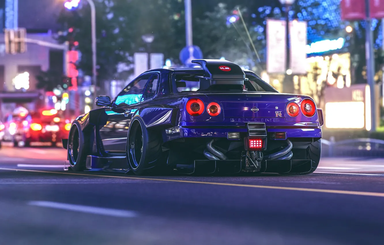 Photo wallpaper night, lights, street, Nissan, GT-R, Skyline, virtual tuning, Khyzyl Saleem