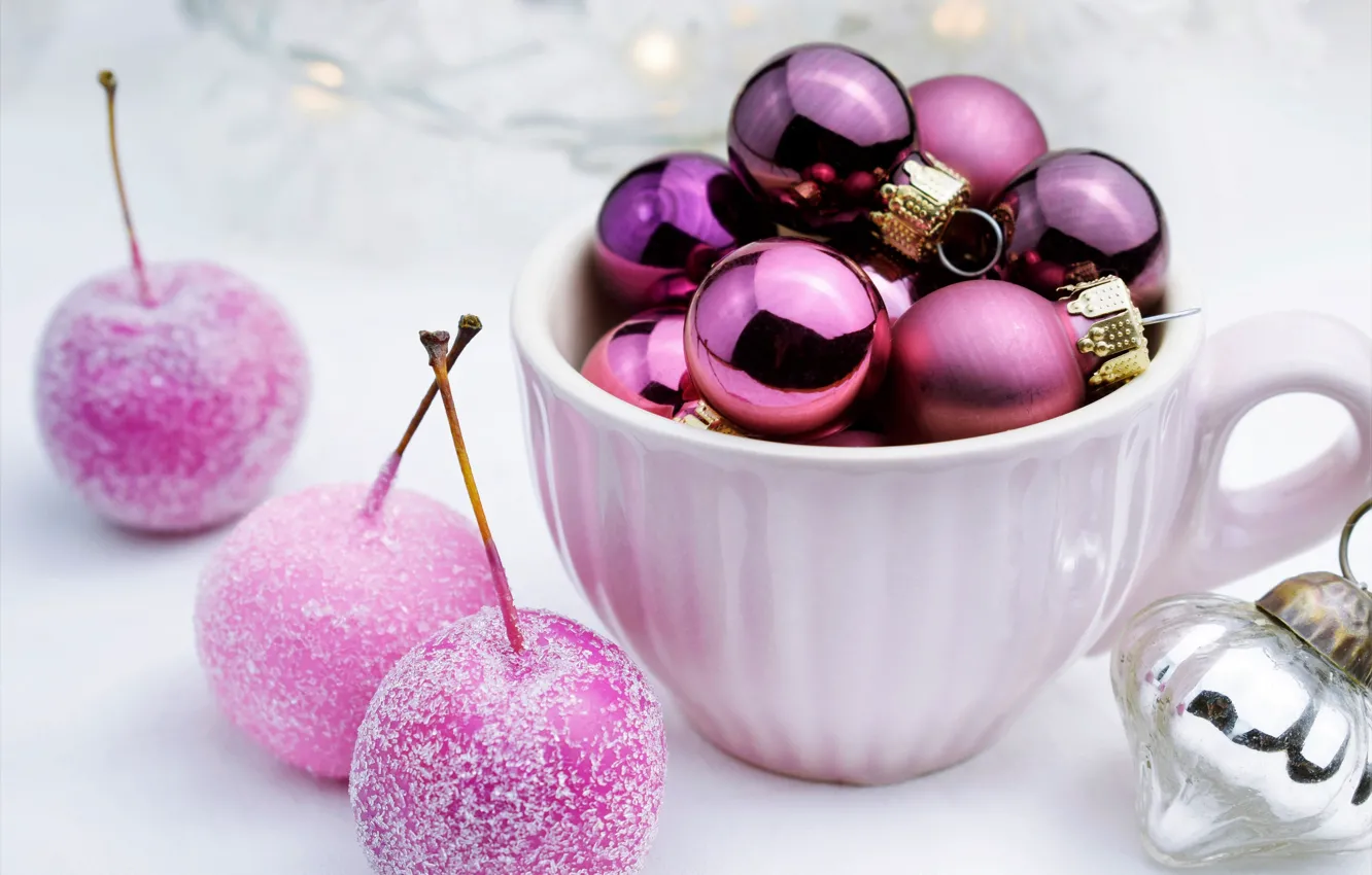 Photo wallpaper balls, holiday, Christmas, purple, mug, New year, white, light background