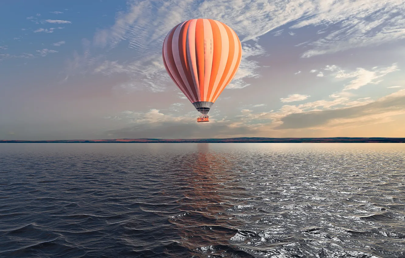 Photo wallpaper the sky, the sun, clouds, lake, balloon, shore, balloon