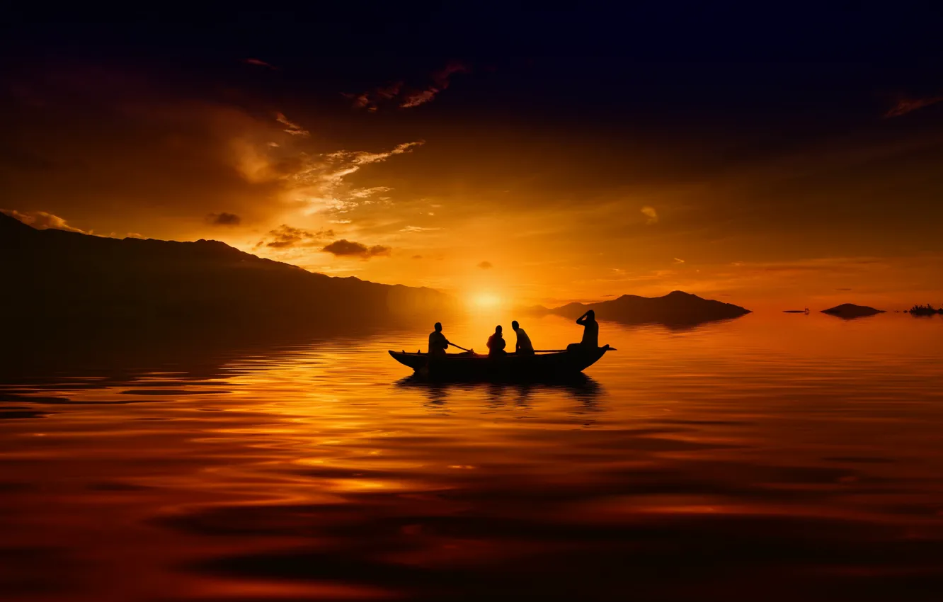 Photo wallpaper sunset, lake, boat, silhouette