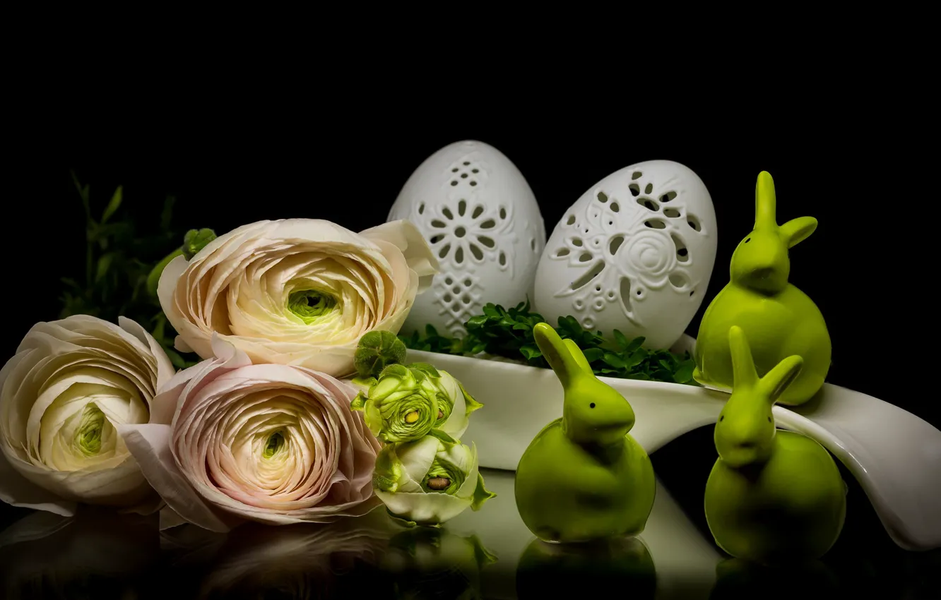 Photo wallpaper flowers, style, eggs, Easter, spoon, rabbits, black background, figures