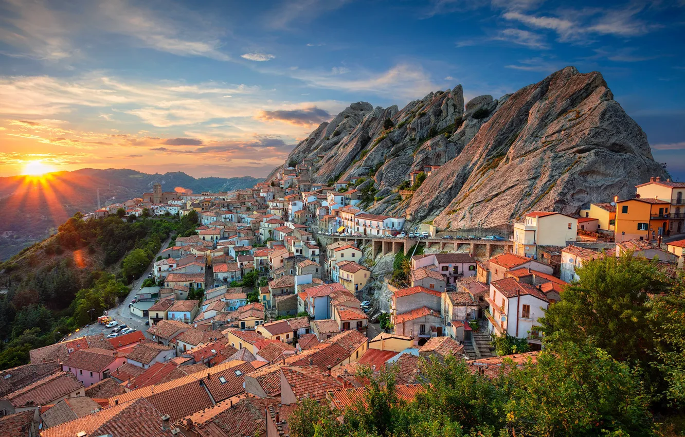 Photo wallpaper sunset, mountains, building, home, Italy, panorama, Italy, Basilicata