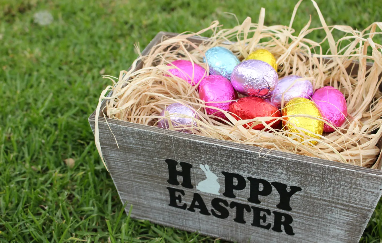 Photo wallpaper holiday, eggs, socket, chocolate, box, hay, Easter