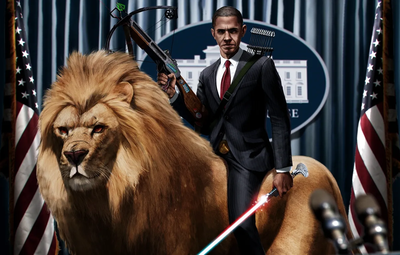 Photo wallpaper Lion, Obama, Lightsaber, President, Crossbow